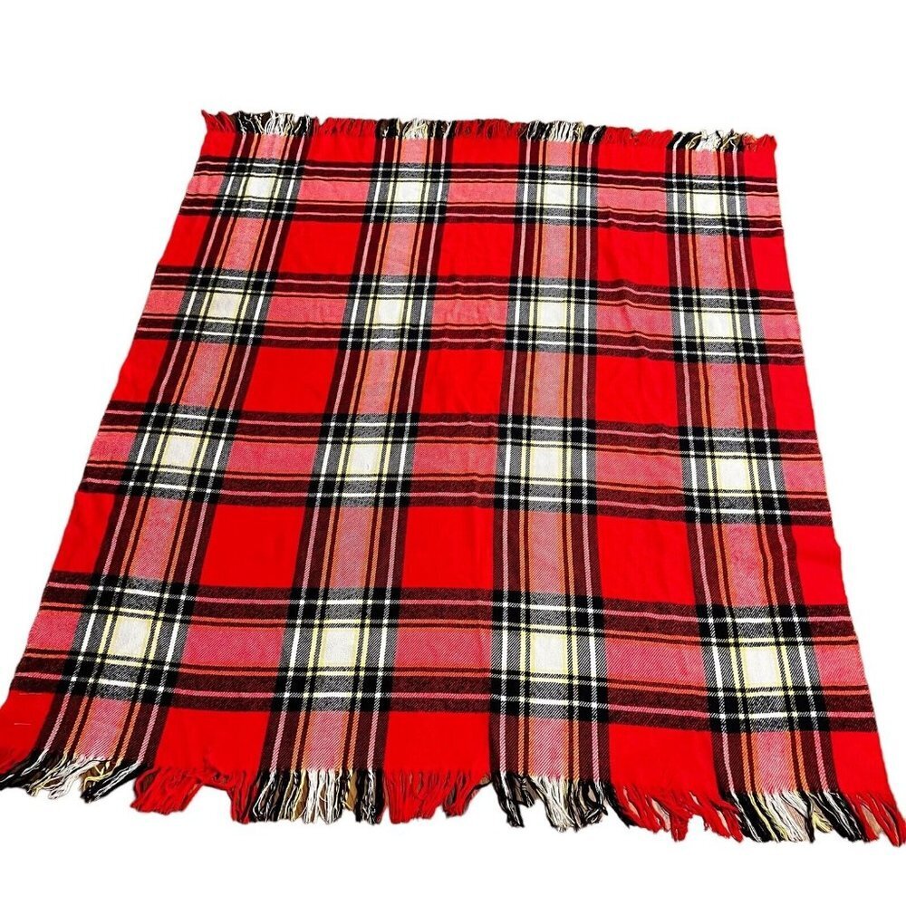 VTG Troy Robe wool red‎ plaid Fringe Throw  Blanket Stadium Cover 54x52in